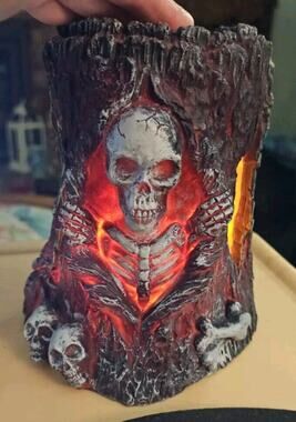 7" Skeleton Fire Light Up Halloween Pillar Candle Holder Rohs